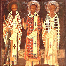Die Drei Heiligen Hierarchen: Basilius der Große, Johannes Chrysostomos, Gregor der Theologe , Ikone, 17. Jh. 